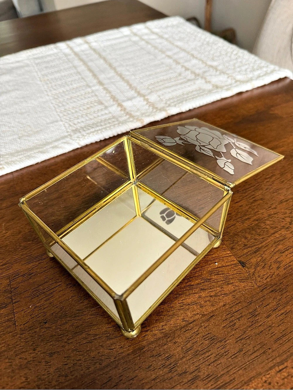 Vintage Brass and Glass Etched Rose Jewelry Box
